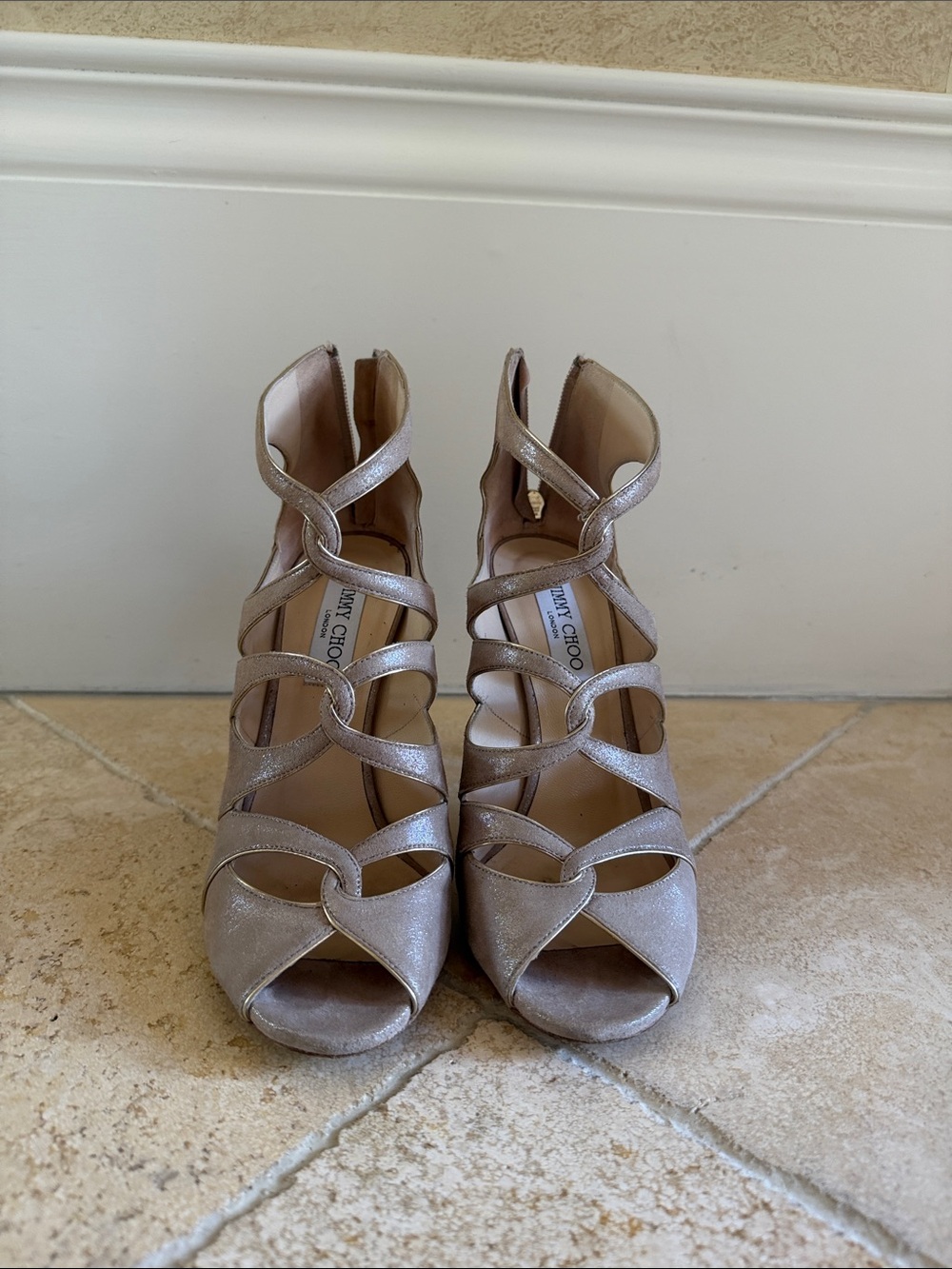 Jimmy Choo Metallic Taupe Strappy Open-Toe Heels
